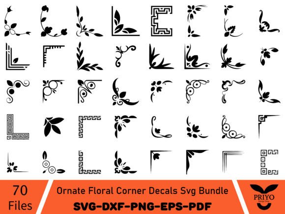 Ornate Floral Corner Decals: A Versatile Graphics and Crafts Asset